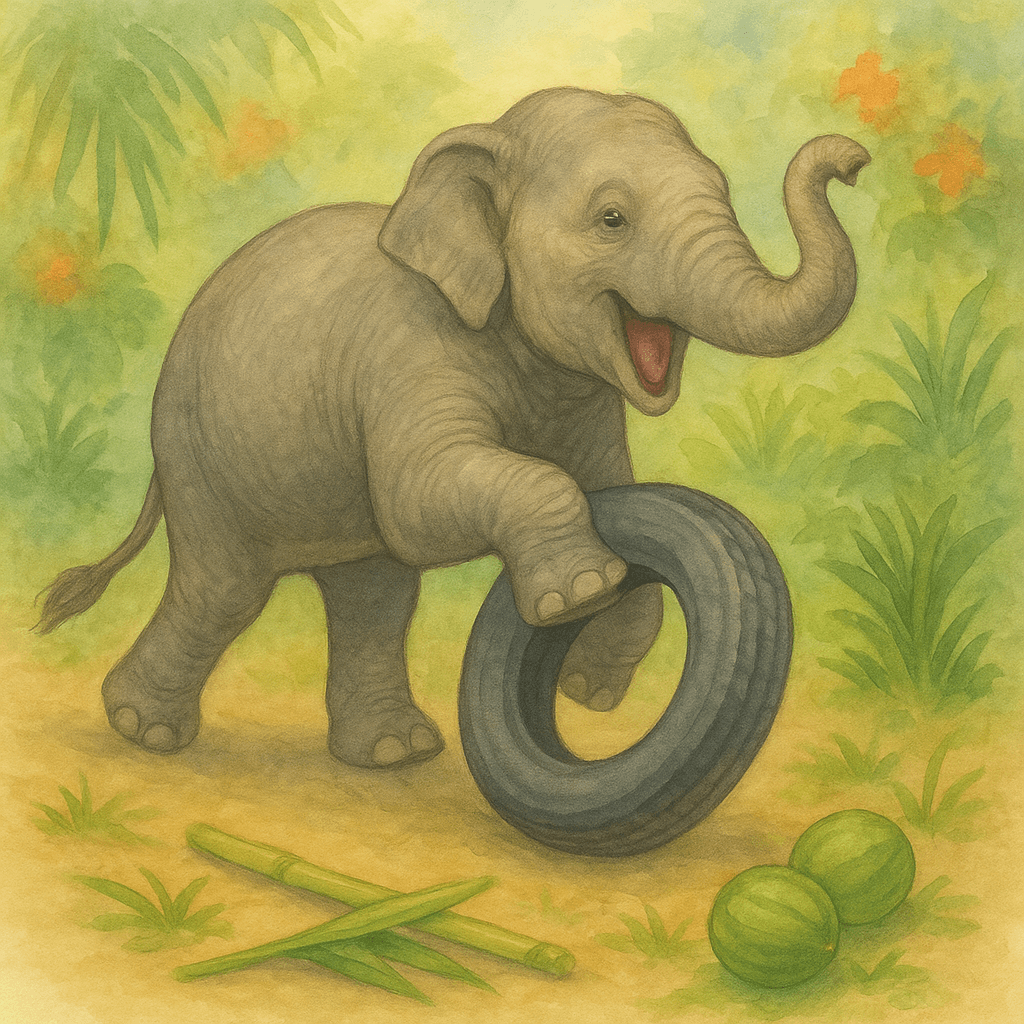 Raju playing happily with his favorite tire, living his best life